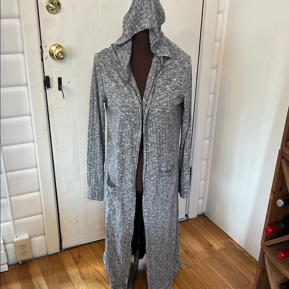 Gray Hooded Open Front Cardigan